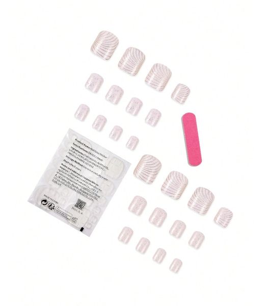 24 Piece Short Square Press On Toenails With Shell Shimmering Pattern - White