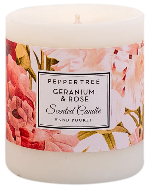Pepper Tree Geranium &amp; Rose Small Scented Pillar Candle 400ml