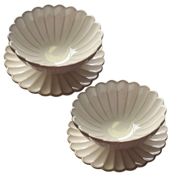 Pack Of 2 Retro Chrysanthemum Pattern Ceramic Bowl &amp; Saucer Set - Cream