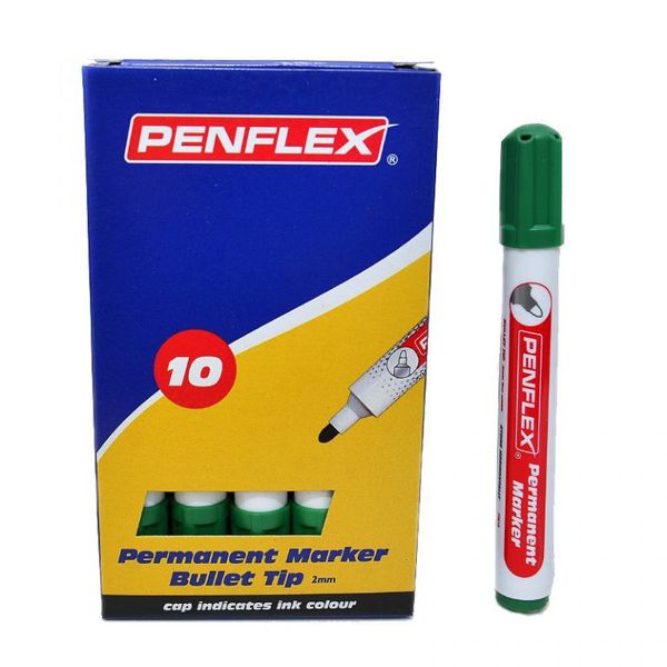 Penflex - Permanent Markers Bullet Tip Box Green (Box of 10)