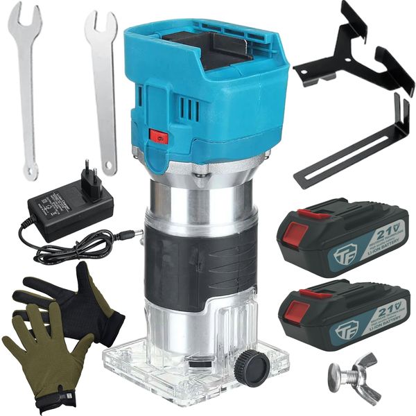 Cordless Wood Router Hand Trimming Machine 2x21V Li-On Battery Pack &amp; Glove