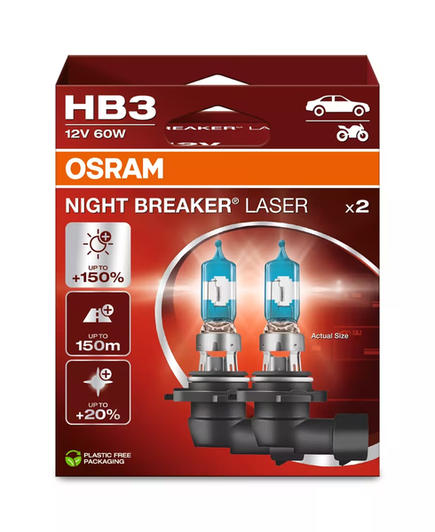 OSRAM Night Breaker Laser HB3 9005 Halogen Headlight Bulbs 60W (2 Pack)