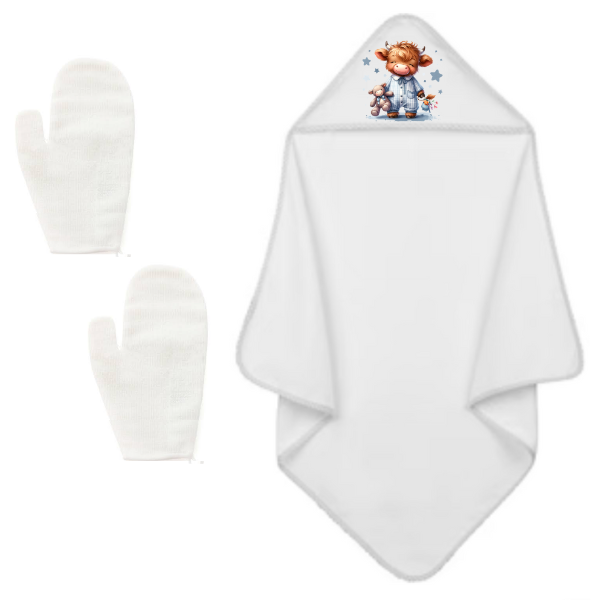Baby-New Born Towel with Mom and Dad Glove Gift Set-Highland Cow Boy