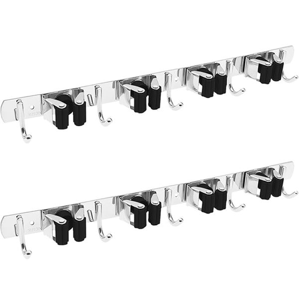 2 Pcs Mop and Broom Hanger Wall Mount with 4 Slots and 5 Hooks, 43x2.9x4CM