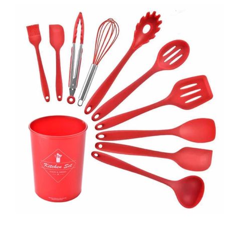 42 Pieces Red Kitchen Cooking Utensils Set With Holder Nonstick