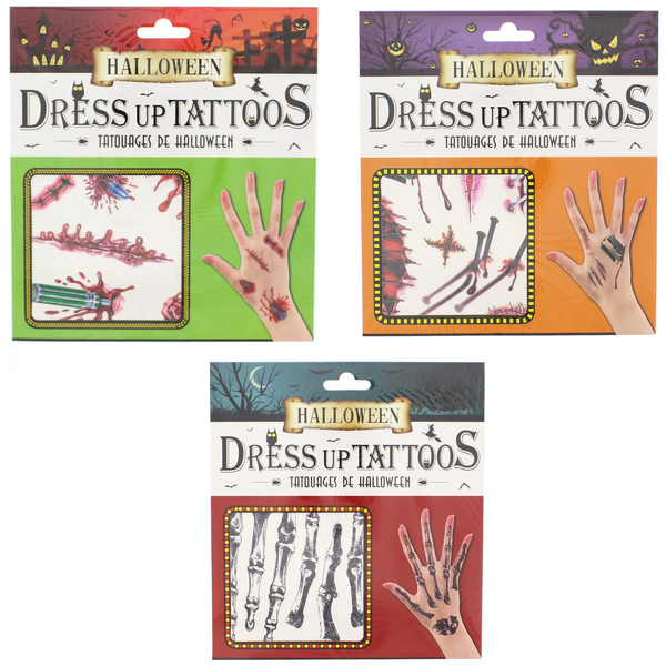 3 Pack Halloween Tattoos - Skeleton, Bullet, Knife, Blood, Claws, Wound