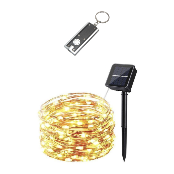 10M Solar Powered Outdoor Copper LED Fairy Lights + LED Keyring Torch