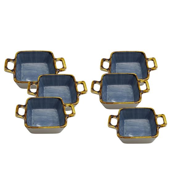 6-Piece White &amp; Blue Square Ceramic Bowls with Brown Rim - 4.25