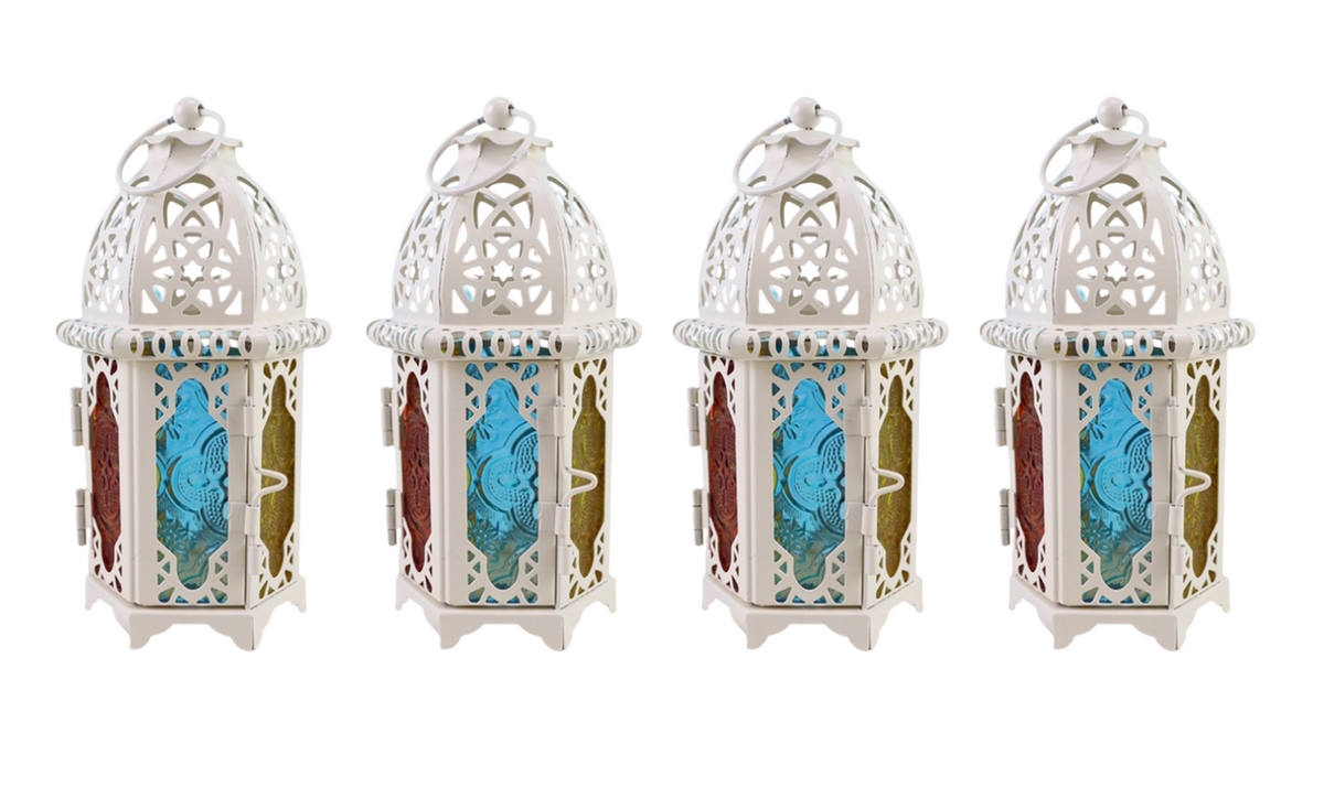 Moroccan Decorative Lanterns with Colour Glass - Pack of 4