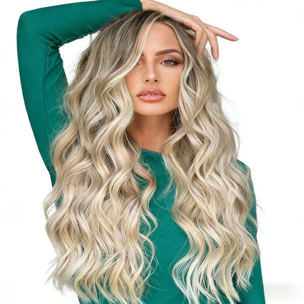 Medium Sized Large Wave Dyed Grey Brown Full Head Wig for Women