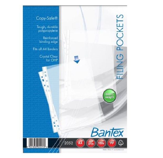 Bantex 'Copy-Safe' Multi-Punched A4 P.P Filing Pockets - 120micron (100 p/p)
