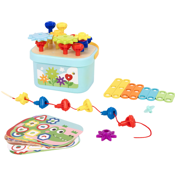 TookyToy - 3-in-1 Activity: Pegs, Gears &amp; Lacing Fine Motor Toy for Kids