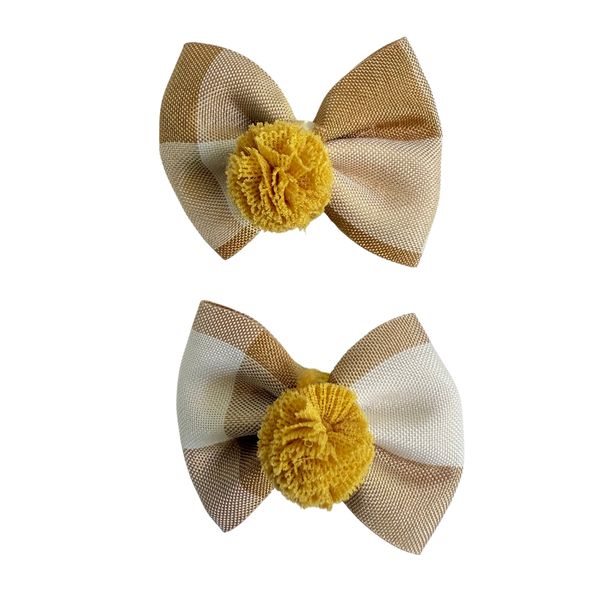 Gingham Pom Pom Bow Hair Clips for Kids and Girls- Set of 2