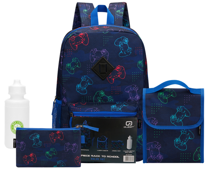 Quest 4-Piece Gamer Backpack Set - Navy, Kids School Bag with Lunch Bag