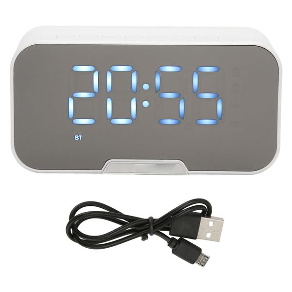 Bluetooth Speaker with Digital Alarm Clock Temperature FM Radio MirrorWhite