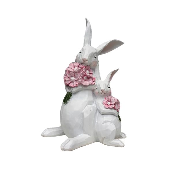 Decor Painted Charming Resin Rabbit Ornament With Pink Flowers - 26cm