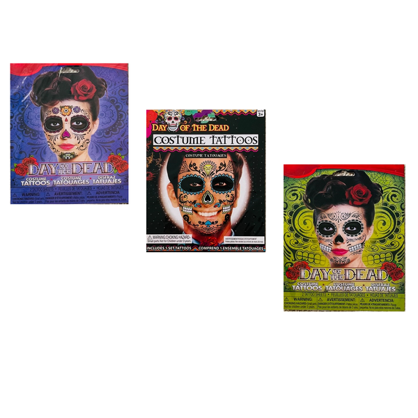 Day of the Dead - Skull Face Temporary Tattoos ( Pack of 3)