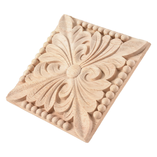 Natural Wood Appliques Square Flower Carving Decals 10x10cm