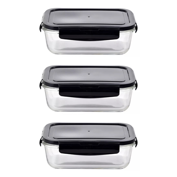 1L Heat-Resistant Glass Food Containers with Black Lids - 3 Pack