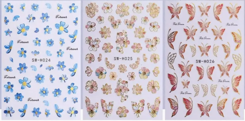 3 Pack Blue Floral Butterfly Nail Stickers