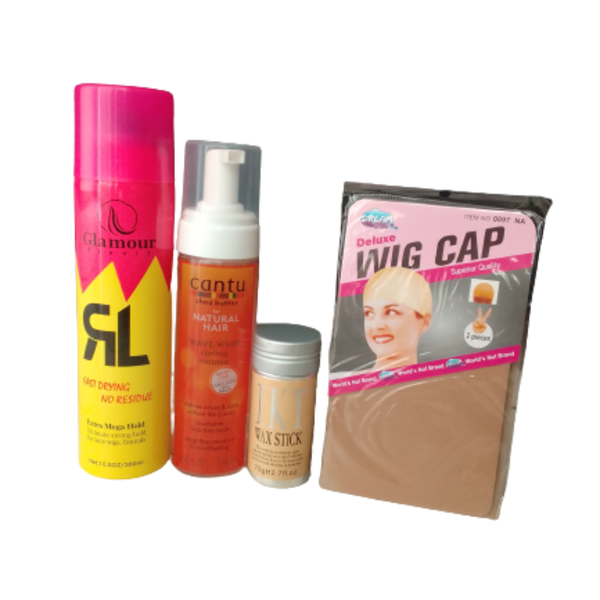 Glamour Extra Mega Hold Spray, Curling Mousse, Wax Stick And Wig Cap Combo.