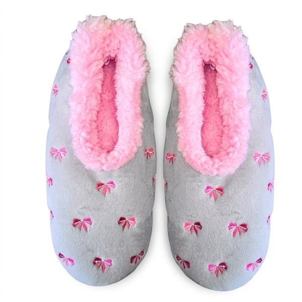 Snoozies Ladies Bow-tiful Fleece Slippers Grey Soft - Non-Skid Sole