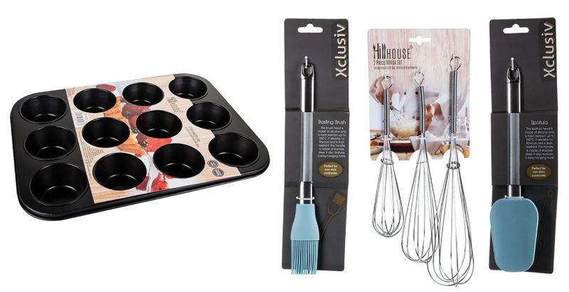 Non Stick Muffin Pan 12 Hole + Silicone Pastry Brush + Spatula + 3pc Whisk 30, 25 &amp; 20cm
