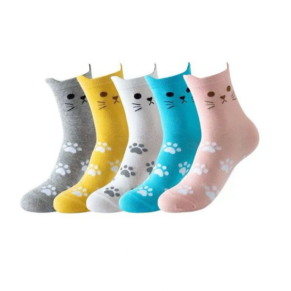 5 Pieces Cat 3D Ear Print Socks, Cat Claw Pattern, Women's Casual Socks