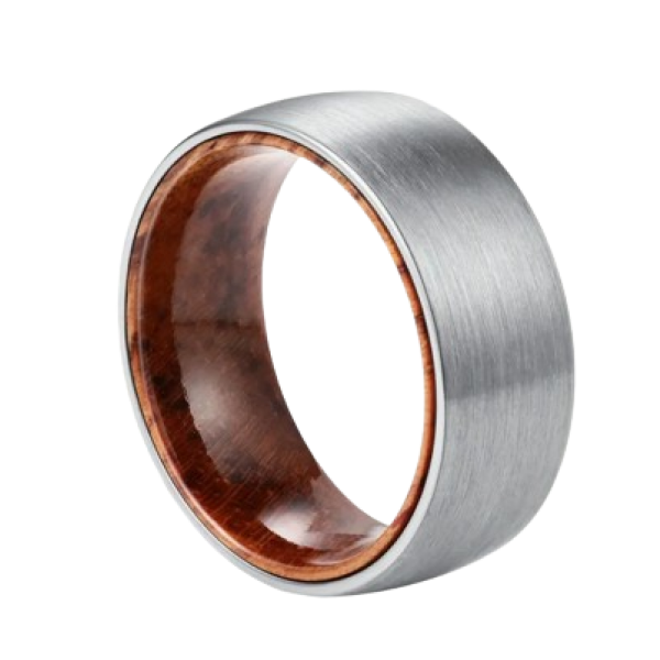 8mm Brushed Silver Tungsten and Whiskey Barrel Lined Ring