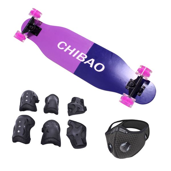 Skateboard 80x20cm Longboard - LED Wheels &amp; Protective Kit &amp; Mask - Chibao