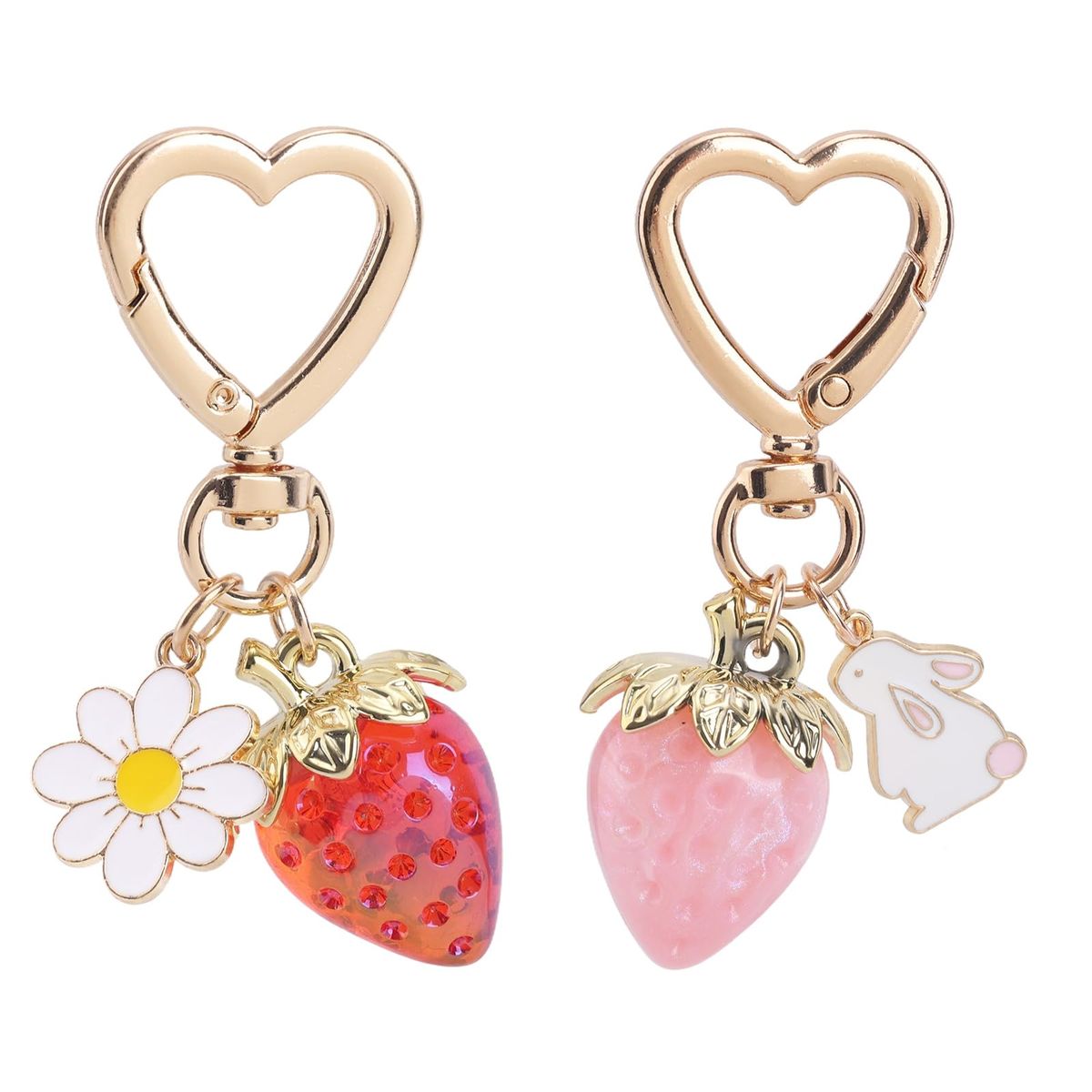 2-piece Cute Strawberry Keychains, Rabbit & Daisy Flower Pendant Key Chain