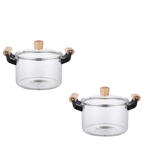 2 Pack-3.5L glass cooking pot with double ear wooden handle