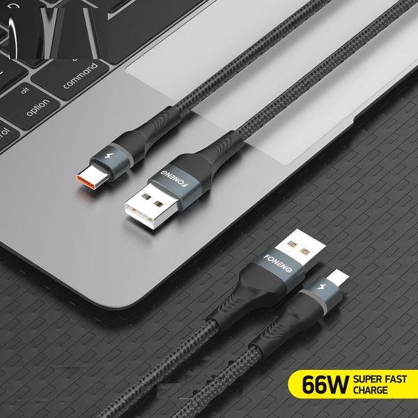 FONENG USB-C Fast Charging Metal Data Cable Nylon Braided 66W Color Light