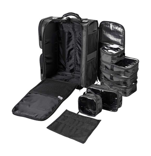 Black Nylon All In One Rolling Makeup Train Case Professional Cosmetic Case