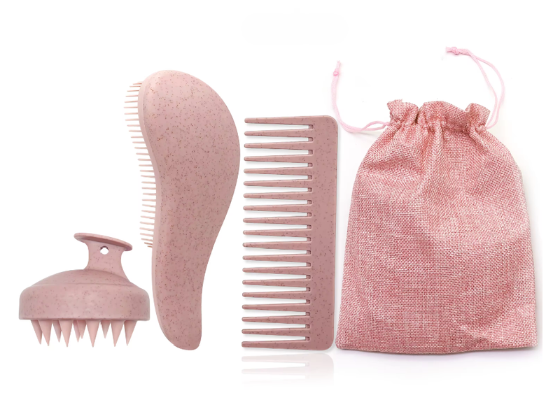 4 Piece Eco-Friendly Wheat Straw Brush &amp; Comb Set - Brown
