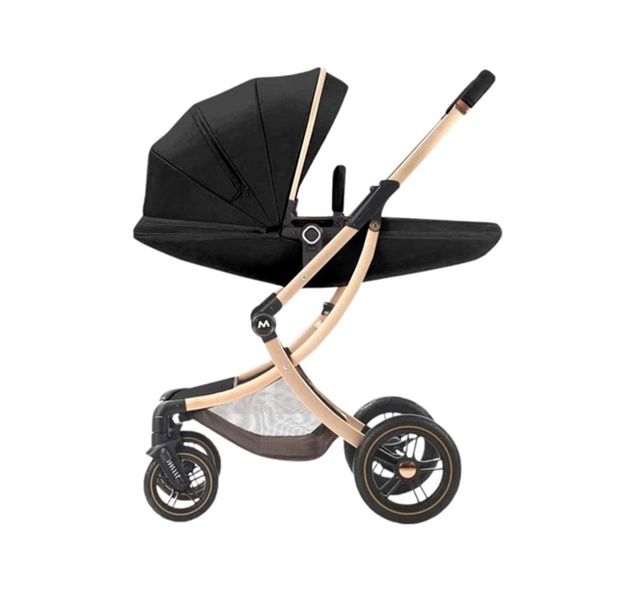 Baby Stroller Can Sit and Lie Down Pu Leather Egg Style 2 in 1 Luxury-Black