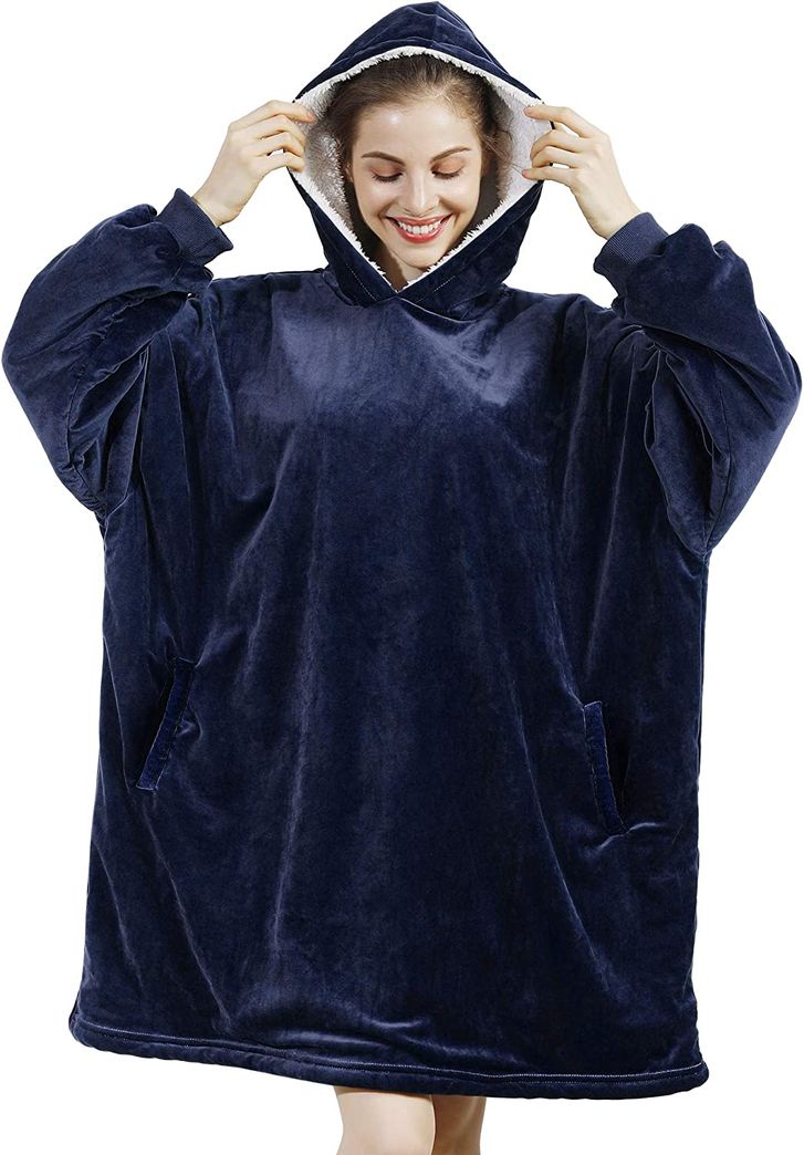 Oversized Microfiber & Sherpa Wearable Blanket Hoodie - Navy Blue | Buy ...