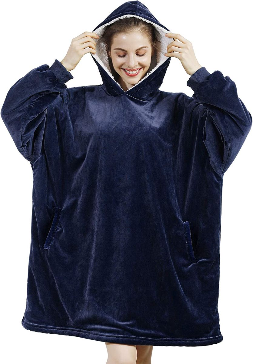 Oversized Microfiber & Sherpa Wearable Blanket Hoodie Navy Blue Buy