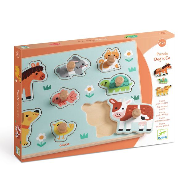 Djeco Farm Themed 8 Piece Wooden Peg Puzzle - Dog'n'Co