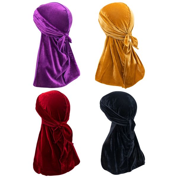 4 Pack Long-Tail Velvet Durag Turban Hat Pagoda Durag Pirate Hat Shower Cap