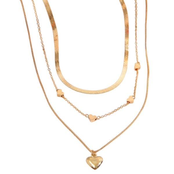 Women's Multi Layer Heart Pendant Necklace - Gold - 3 Piece