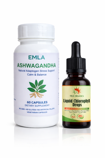 Emla Ashwagandha Capsules &amp; True Organics Liquid Chlorophyll Drops Combo