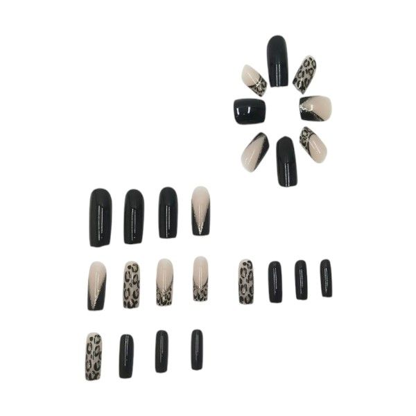 24 Piece - Cheeter French Tip Almond Press On Nails With Glitter - Black