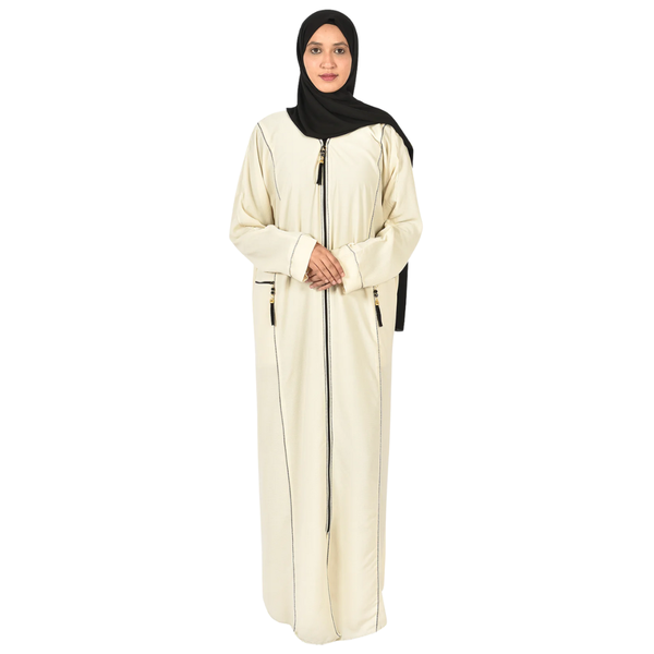 Elegant Ladies Abaya with Front Zipper - Off-White with Black Embroidery
