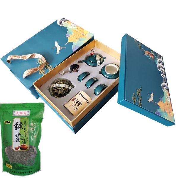 Green Tea Leaves + Tea Set With Incense &amp; Burner - 7 Piece Fine China Tea Set