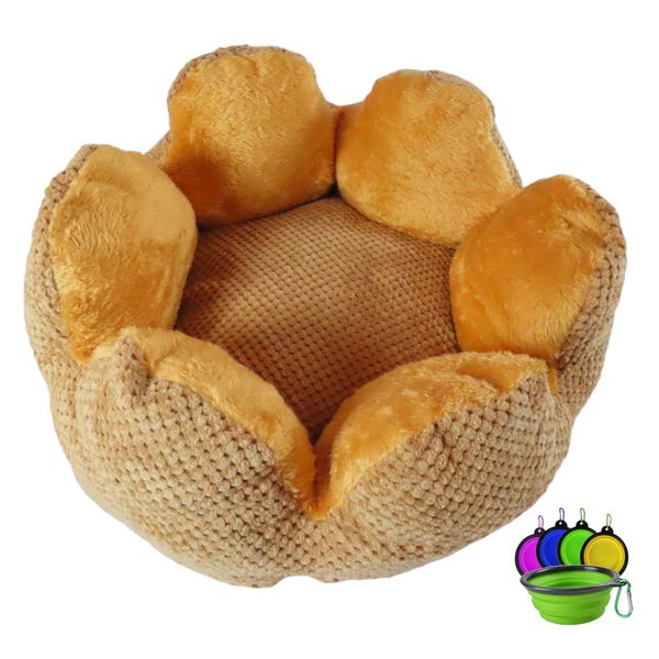 Flower-Shaped Plush Pet Bed with Collapsible Travel Bowl Set