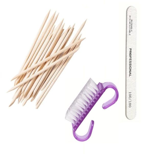Nail Brush, Nail File and 50 x Long Orange Wood Sticks