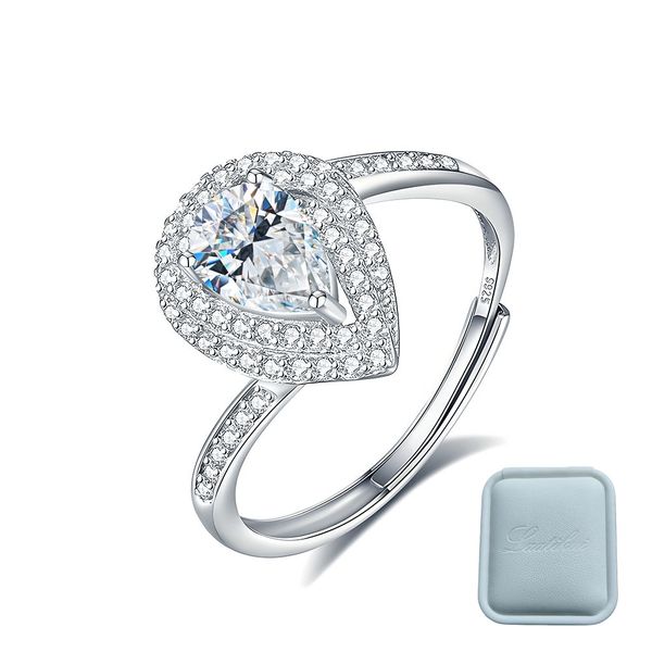 0.8 Carat 5x7mm Pear Shape Moissanite Silver Open Ring, Double Row Halo