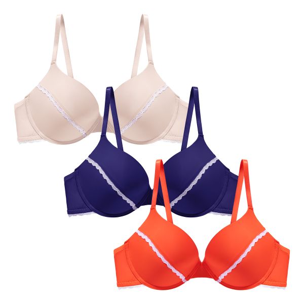 Women's 3-Pack Non-Padded Underwire Molded Bras -Orange/Skin Tone/Dark Blue