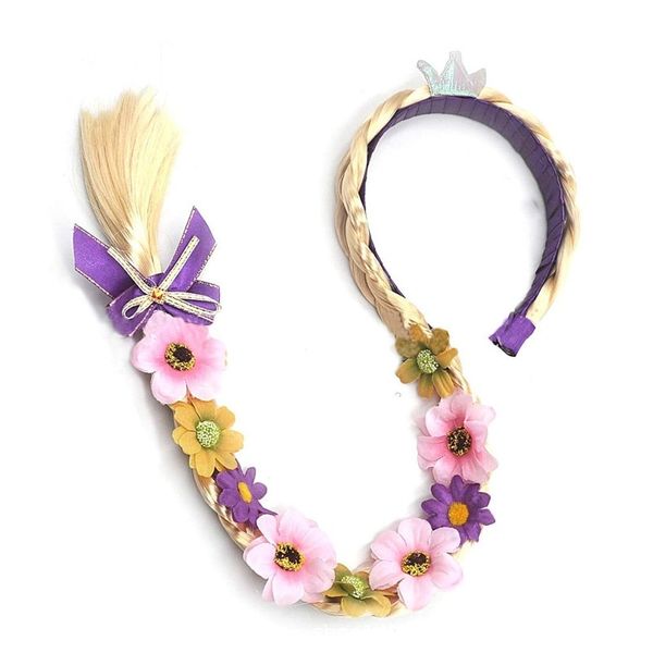 Hair Accessories, Braided Flowers and Crown, Blonde, Purple Bow
